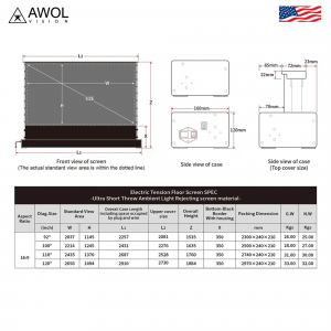 Màn chiếu điện để sàn AWOL - Mỹ, kích thước 100" - 120"